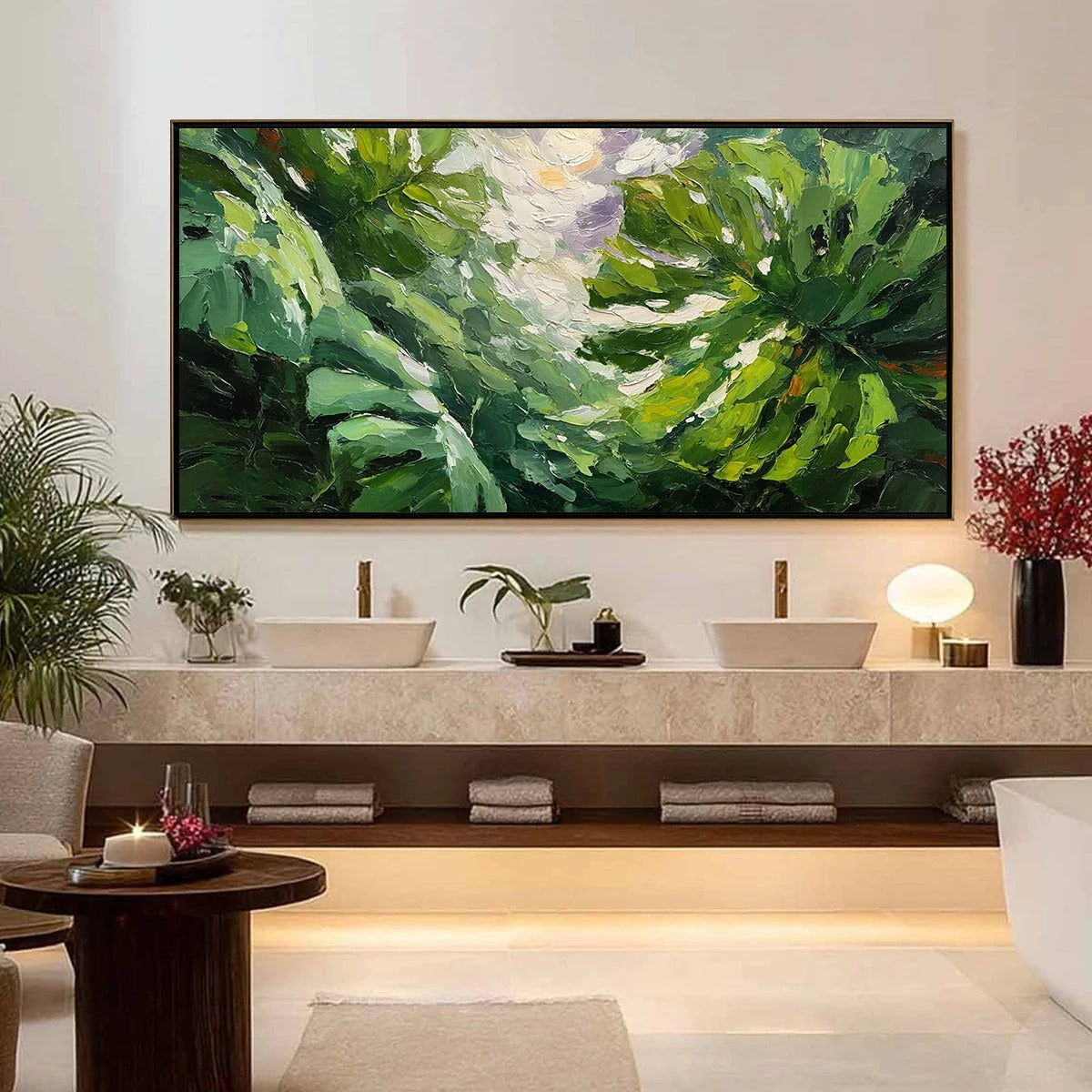 EMERALD GAZE: Textured Palette Knife Painting of Sunlit Tropical Leaves | gold frame stretched on neutral wall