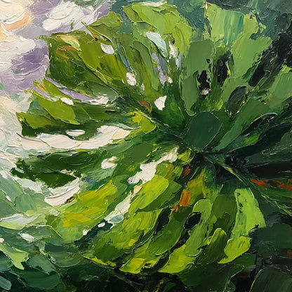 EMERALD GAZE: Textured Palette Knife Painting of Sunlit Tropical Leaves | rolled canvas, ready for custom framing