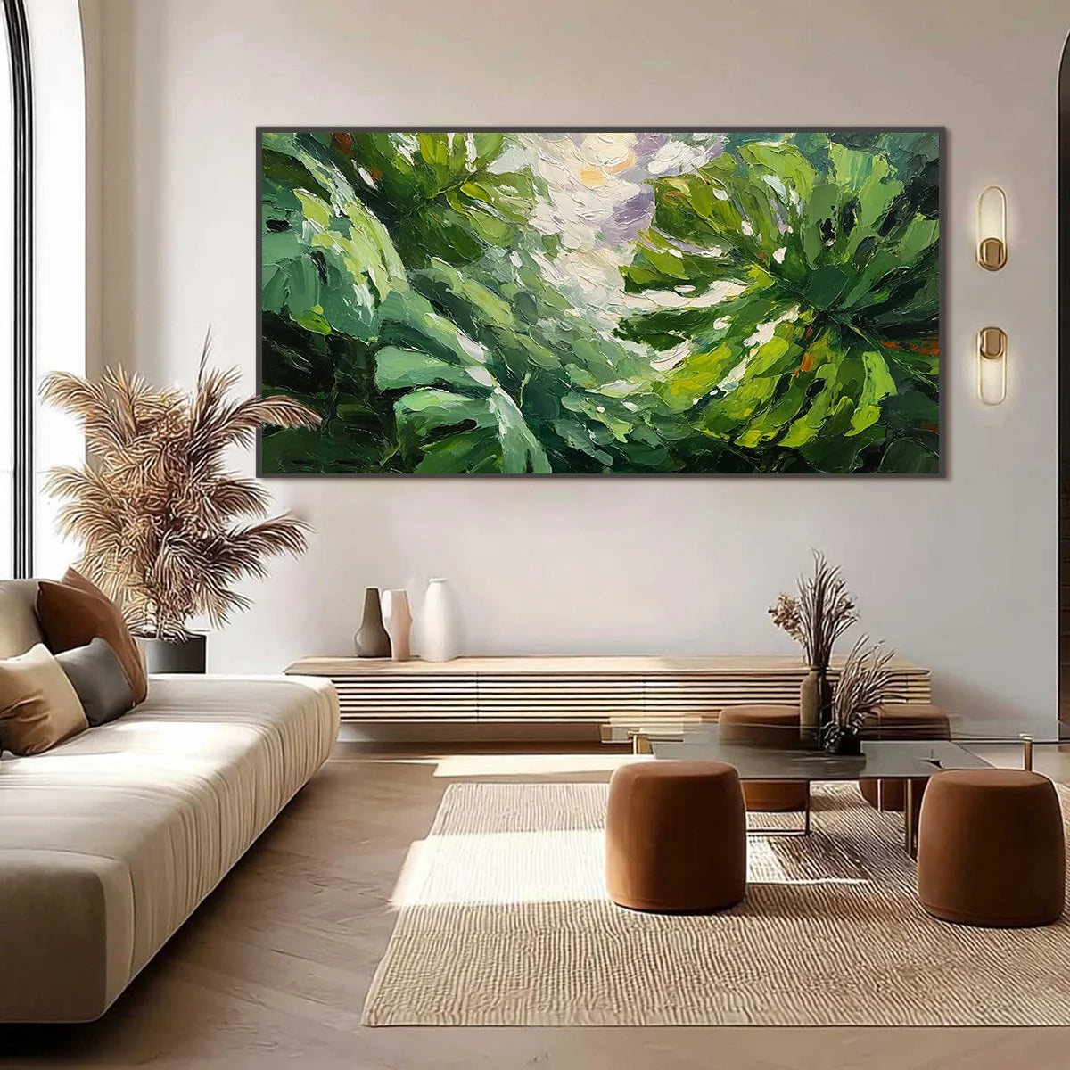 EMERALD GAZE: Textured Palette Knife Painting of Sunlit Tropical Leaves | black frame version on white wall
