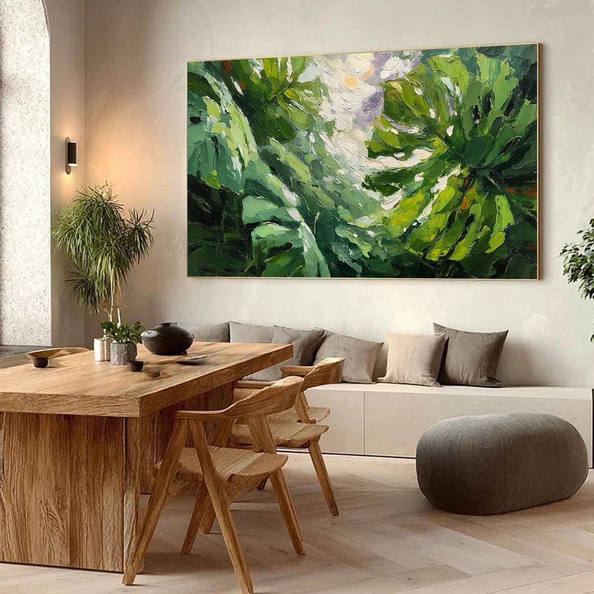 EMERALD GAZE: Textured Palette Knife Painting of Sunlit Tropical Leaves | Abstract mood, soft natural light studio shot