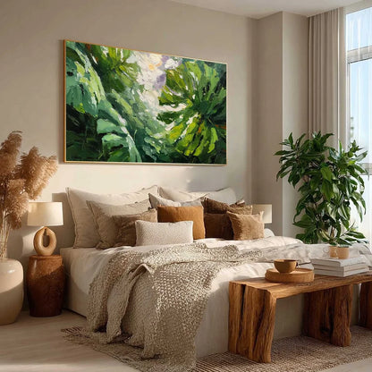 EMERALD GAZE: Textured Palette Knife Painting of Sunlit Tropical Leaves | green palette, original Hand-painted on premium stretched canvas using artist-grade oils; rich layered surface combines smo...