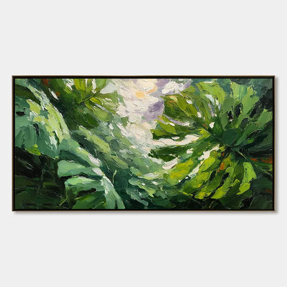 EMERALD GAZE: Textured Palette Knife Painting of Sunlit Tropical Leaves | hanging in EMERALD GAZE: Textured Palette Knife Painting of Sunlit Tropical Leaves featuring layered textured brushwork in ...