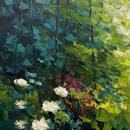 EMERALD GLADE: Textured Palette Knife Forest Landscape Painting | rectangular format, hand-painted canvas edge