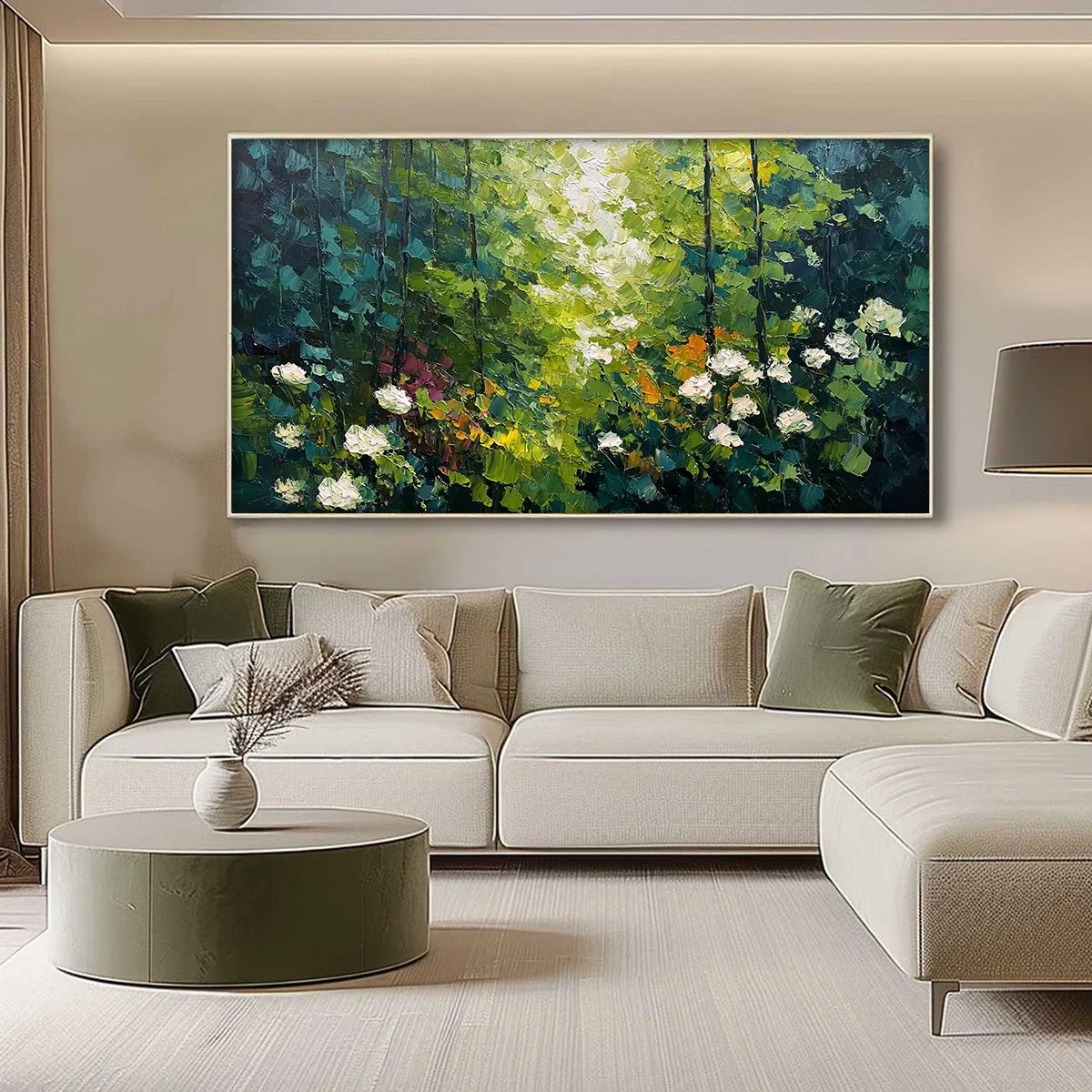 EMERALD GLADE: Textured Palette Knife Forest Landscape Painting | gold frame stretched on neutral wall