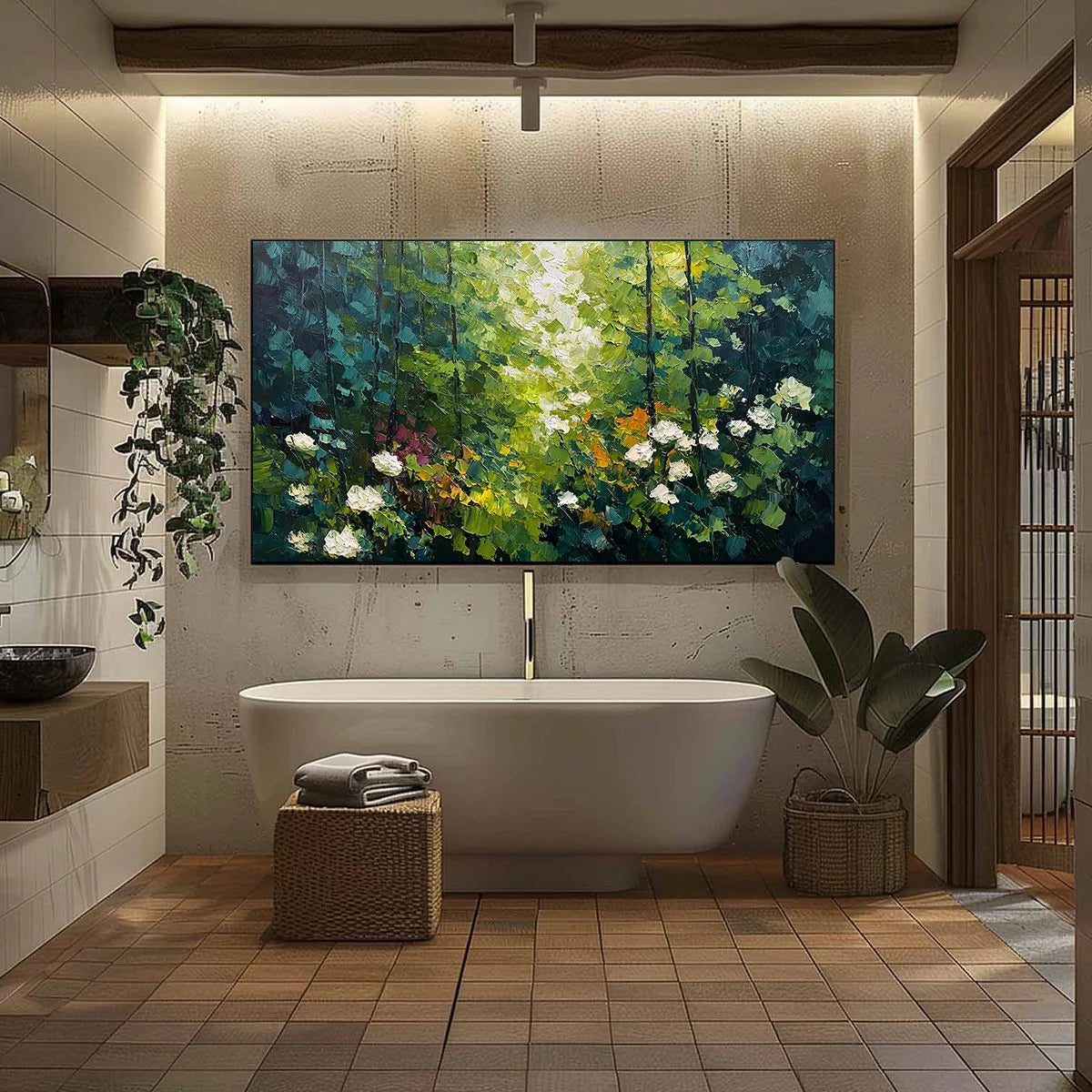 EMERALD GLADE: Textured Palette Knife Forest Landscape Painting | black frame version on white wall