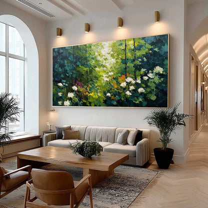 EMERALD GLADE: Textured Palette Knife Forest Landscape Painting | Landscape mood, soft natural light studio shot
