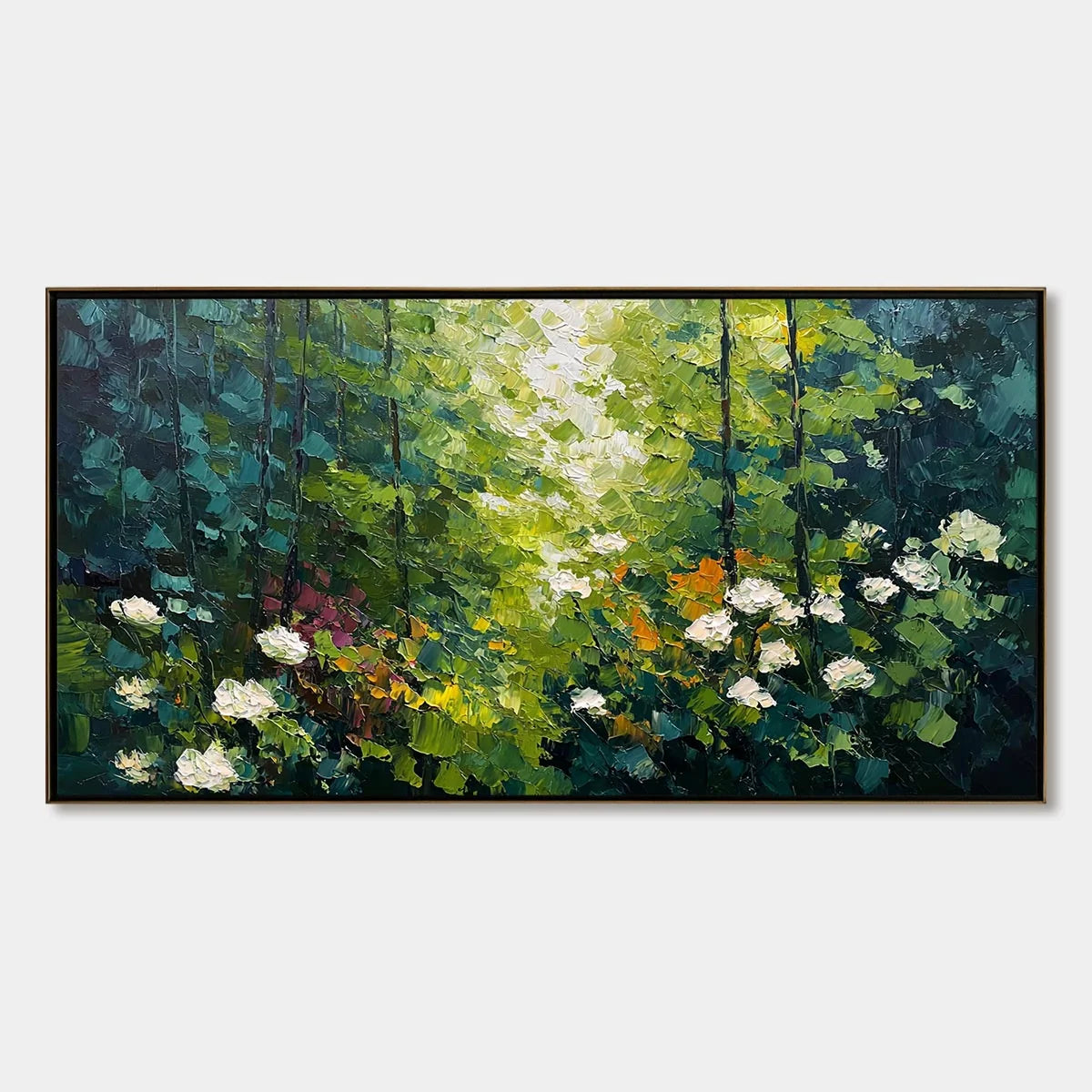 EMERALD GLADE: Textured Palette Knife Forest Landscape Painting | hanging in EMERALD GLADE: Textured Palette Knife Forest Landscape Painting featuring layered textured brushwork in refined tones; l...
