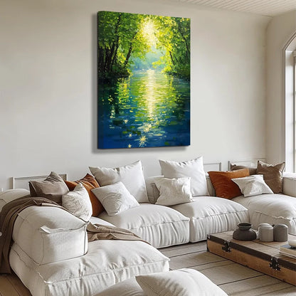 EMERALD GLOW: Impressionist Forest River Landscape Painting | texture detail, palette knife marks visible
