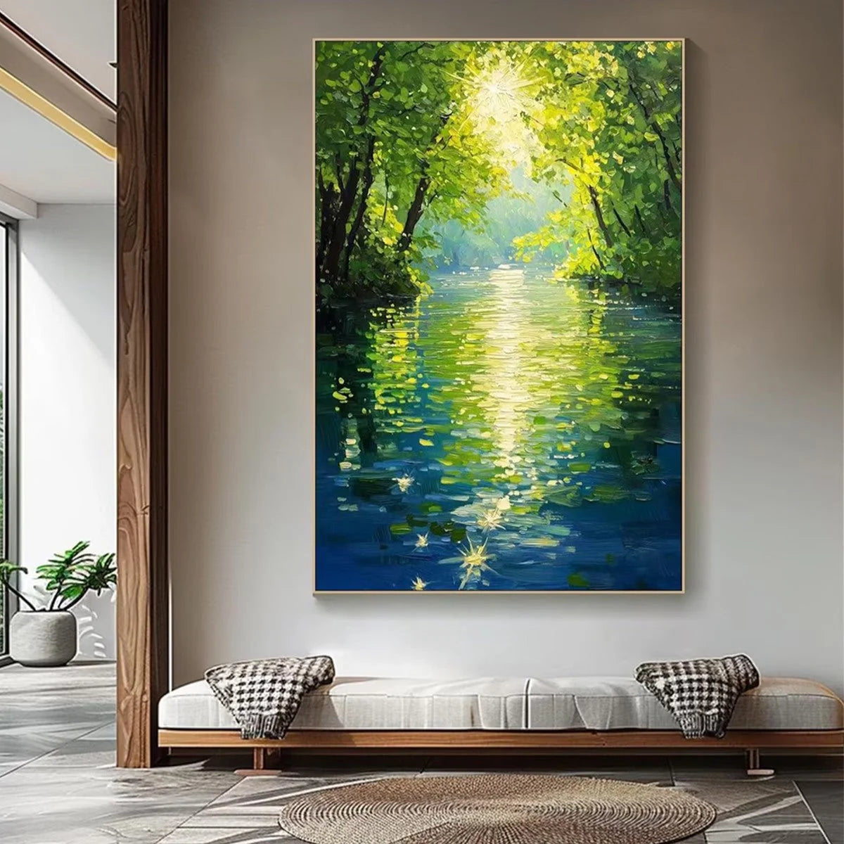 EMERALD GLOW: Impressionist Forest River Landscape Painting | Landscape closeup, raised brushwork detail