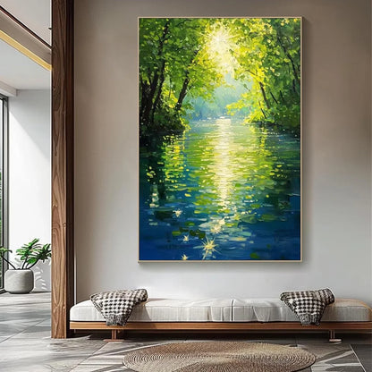 EMERALD GLOW: Impressionist Forest River Landscape Painting | Landscape closeup, raised brushwork detail