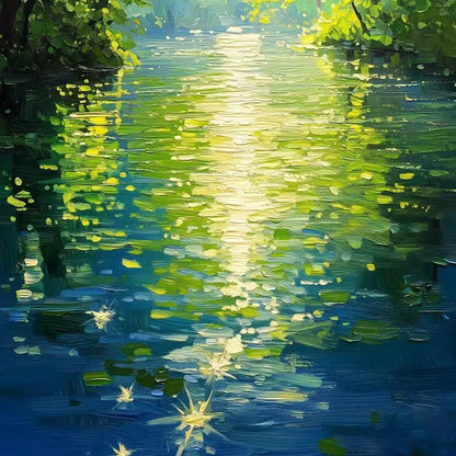 EMERALD GLOW: Impressionist Forest River Landscape Painting | rectangular format, hand-painted canvas edge
