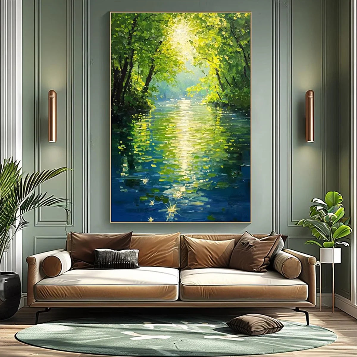 EMERALD GLOW: Impressionist Forest River Landscape Painting | gold frame stretched on neutral wall