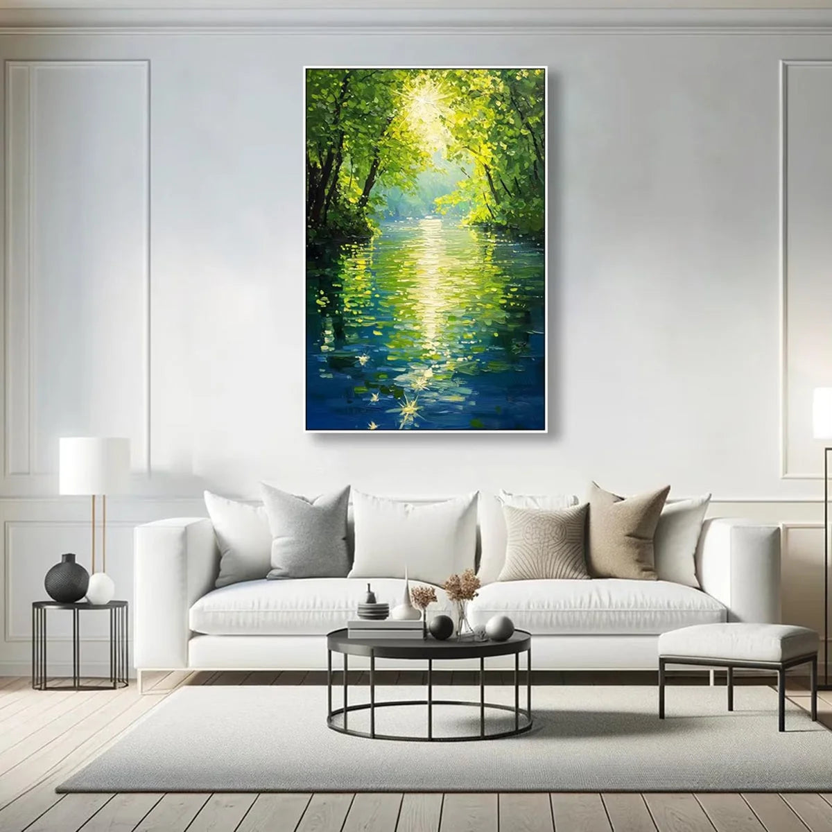 EMERALD GLOW: Impressionist Forest River Landscape Painting | rolled canvas, ready for custom framing