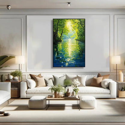EMERALD GLOW: Impressionist Forest River Landscape Painting | black frame version on white wall