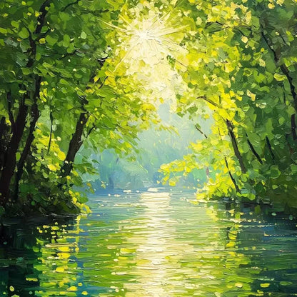 EMERALD GLOW: Impressionist Forest River Landscape Painting | Landscape mood, soft natural light studio shot