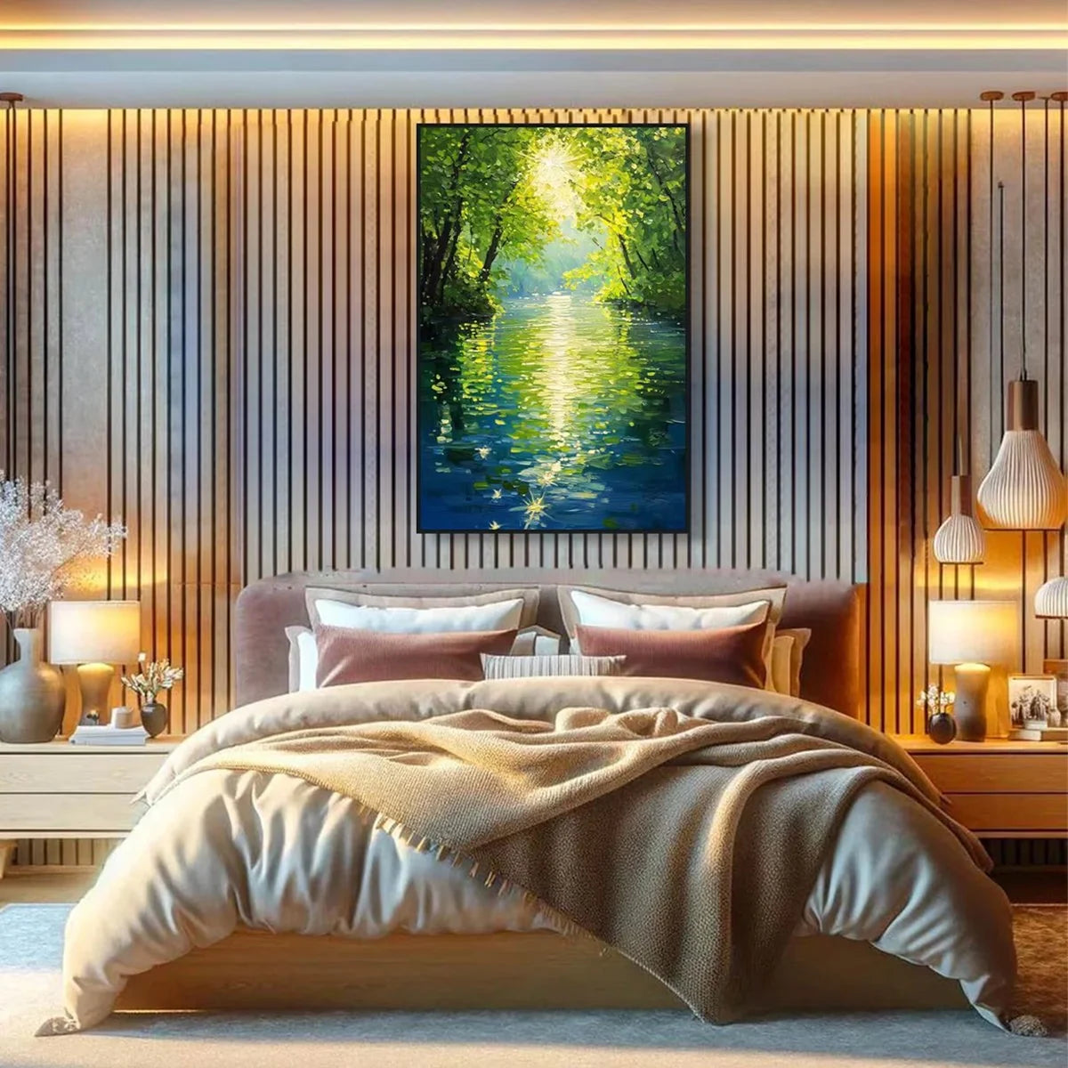 EMERALD GLOW: Impressionist Forest River Landscape Painting | green palette, original oil on stretched canvas art
