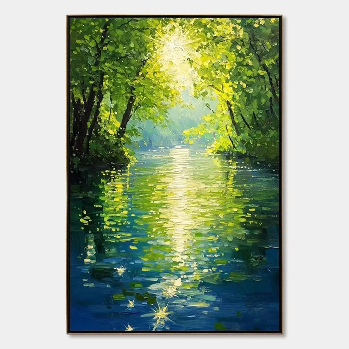 EMERALD GLOW: Impressionist Forest River Landscape Painting | hanging in living room, Landscape wall art