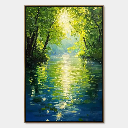 EMERALD GLOW: Impressionist Forest River Landscape Painting | hanging in living room, Landscape wall art