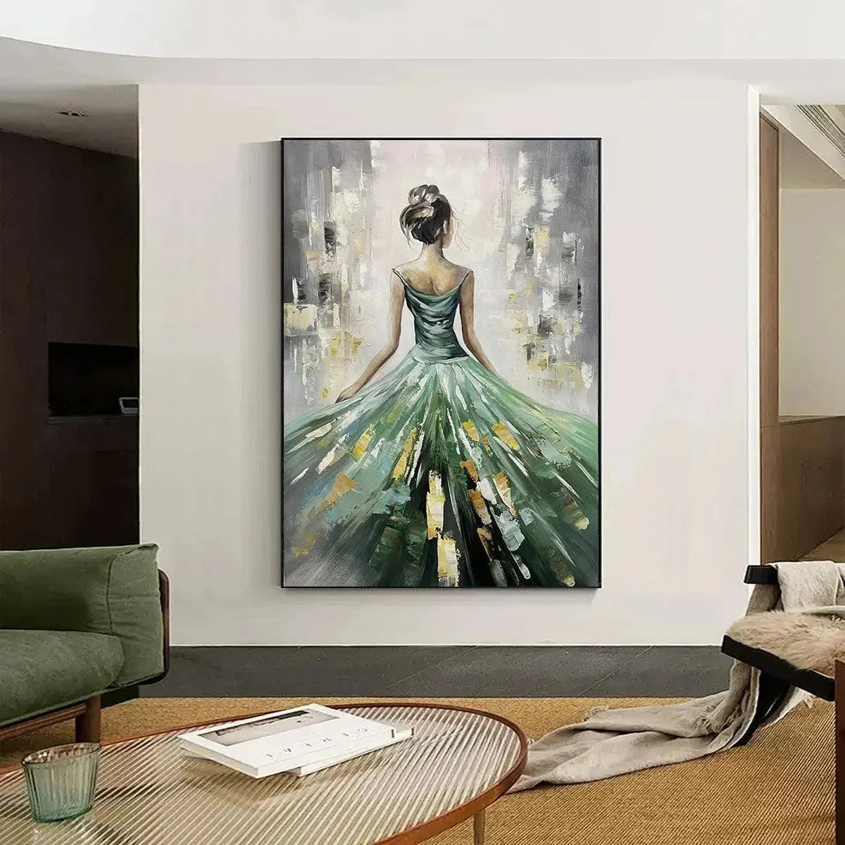 EMERALD GRACE: Elegant Woman in Green Dress, Vertical Canvas, Figurative Wall Art | Figurative closeup, raised brushwork detail