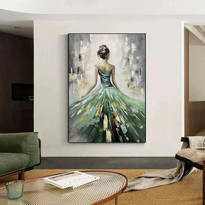 EMERALD GRACE: Elegant Woman in Green Dress, Vertical Canvas, Figurative Wall Art | Figurative closeup, raised brushwork detail