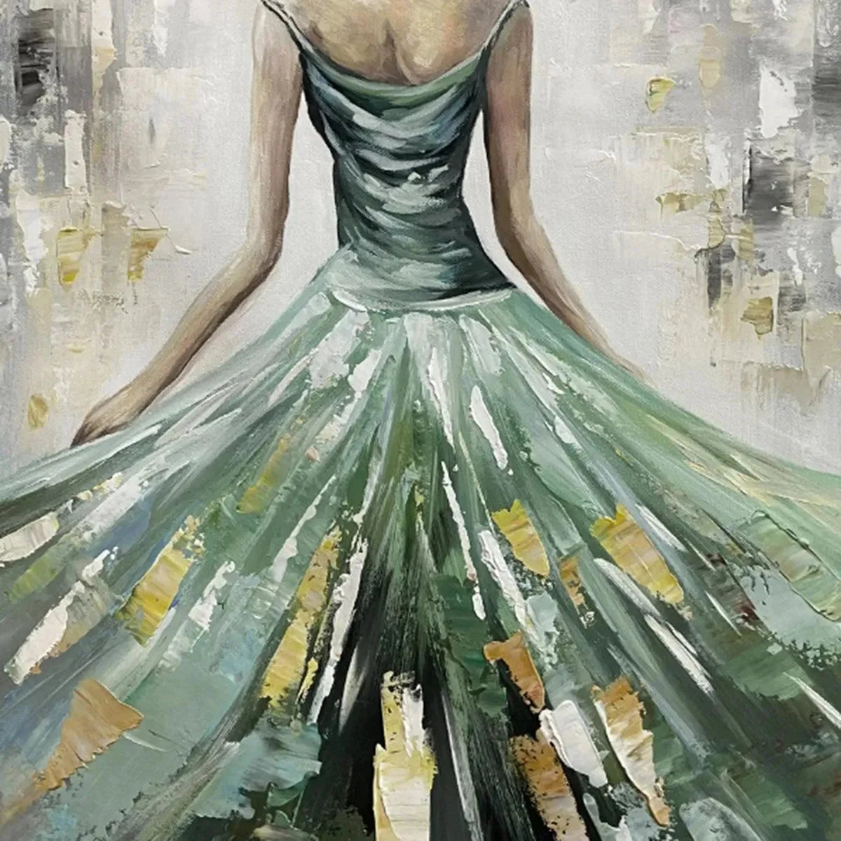 EMERALD GRACE: Elegant Woman in Green Dress, Vertical Canvas, Figurative Wall Art | rectangular format, hand-painted canvas edge