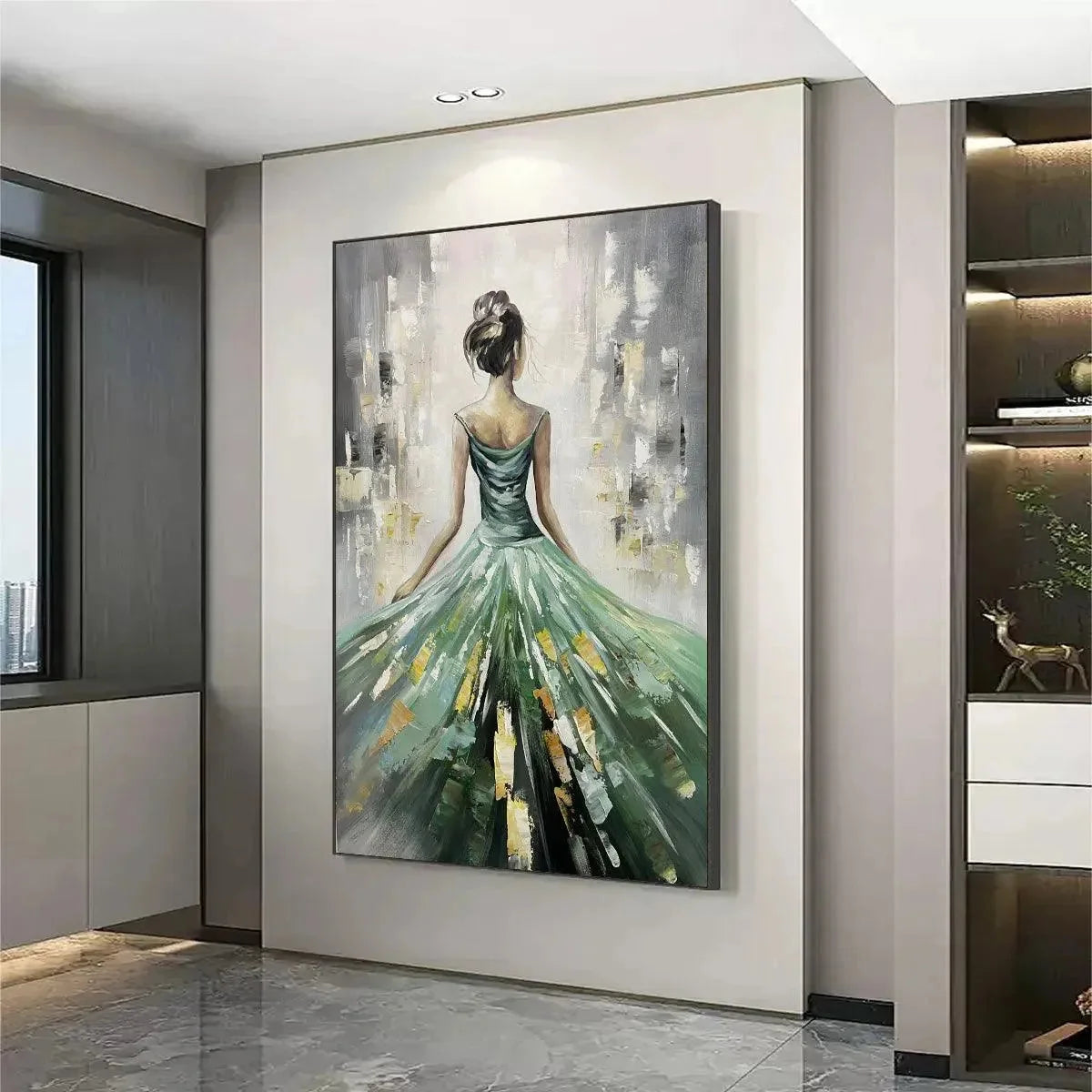 EMERALD GRACE: Elegant Woman in Green Dress, Vertical Canvas, Figurative Wall Art | gold frame stretched on neutral wall