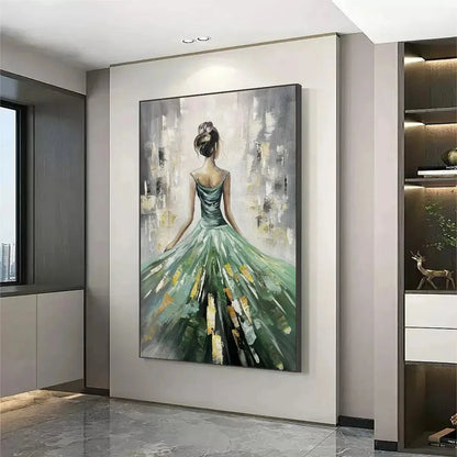 EMERALD GRACE: Elegant Woman in Green Dress, Vertical Canvas, Figurative Wall Art | gold frame stretched on neutral wall