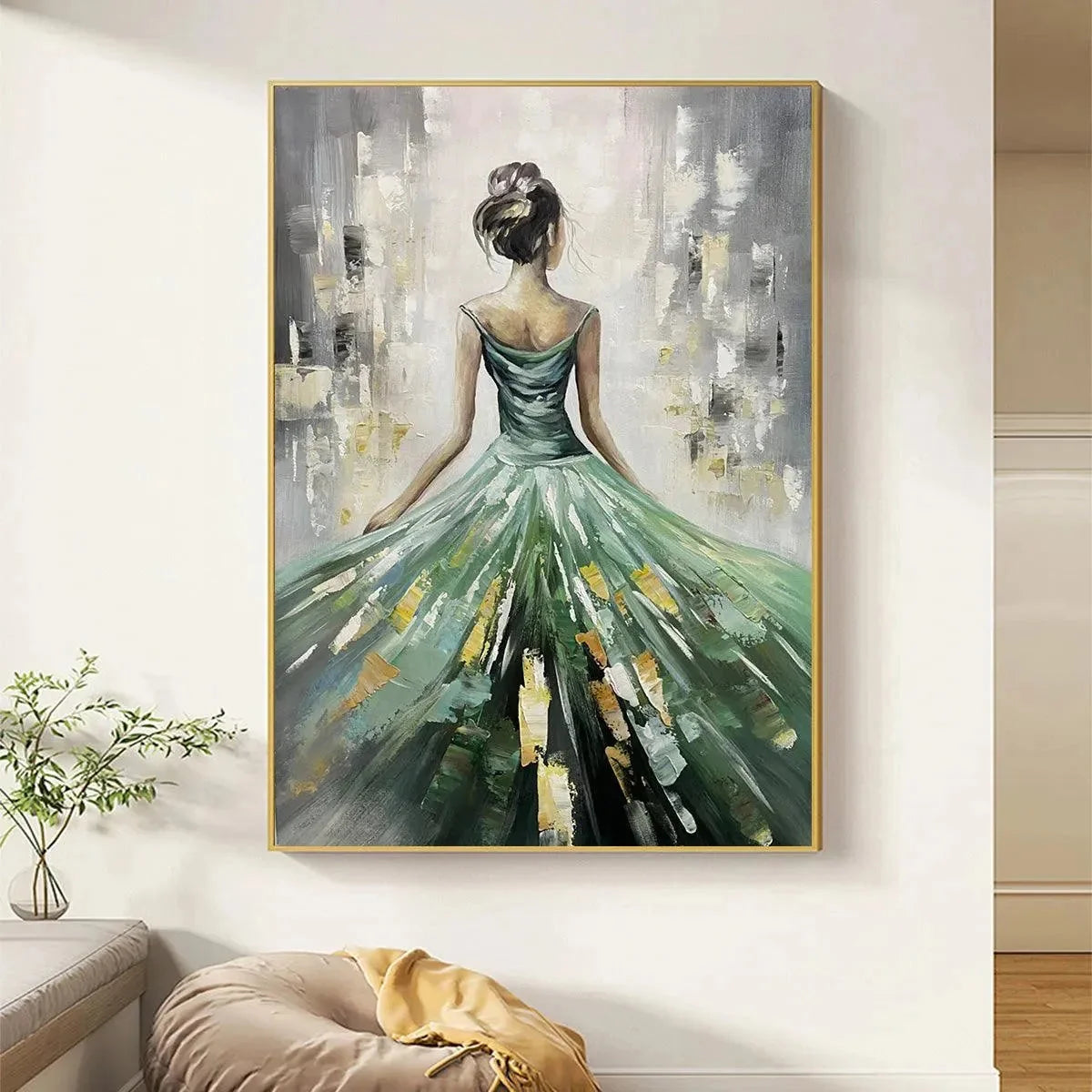 EMERALD GRACE: Elegant Woman in Green Dress, Vertical Canvas, Figurative Wall Art | black frame version on white wall