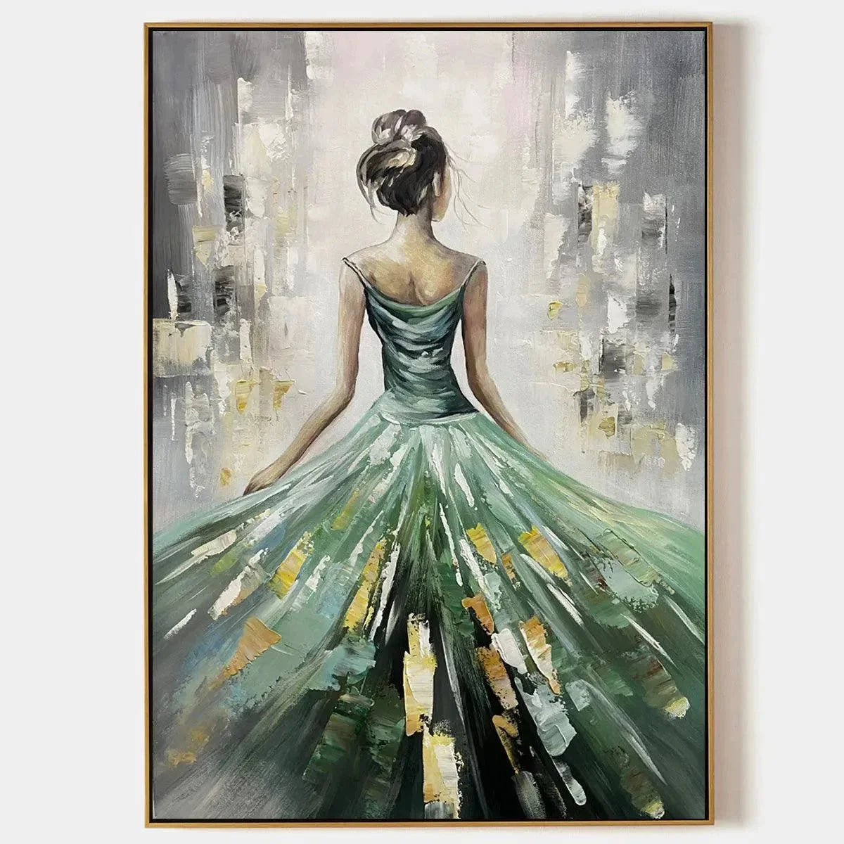 EMERALD GRACE: Elegant Woman in Green Dress, Vertical Canvas, Figurative Wall Art | hanging in EMERALD GRACE: Elegant Woman in Green Dress, Vertical Canvas, Figurative Wall Art featuring layered te...