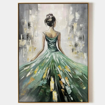 EMERALD GRACE: Elegant Woman in Green Dress, Vertical Canvas, Figurative Wall Art | hanging in EMERALD GRACE: Elegant Woman in Green Dress, Vertical Canvas, Figurative Wall Art featuring layered te...