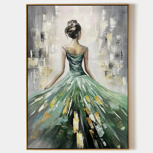 EMERALD GRACE: Elegant Woman in Green Dress, Vertical Canvas, Figurative Wall Art | hanging in EMERALD GRACE: Elegant Woman in Green Dress, Vertical Canvas, Figurative Wall Art featuring layered te...
