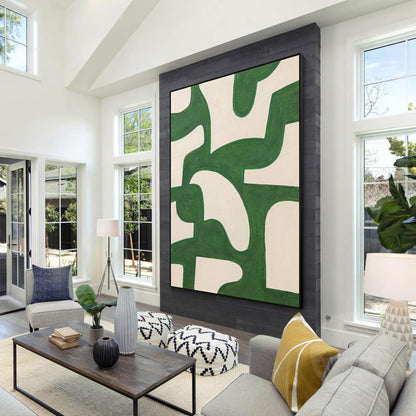 Emerald Green Abstract Painting: Beige Geometric Canvas Wall Art #2