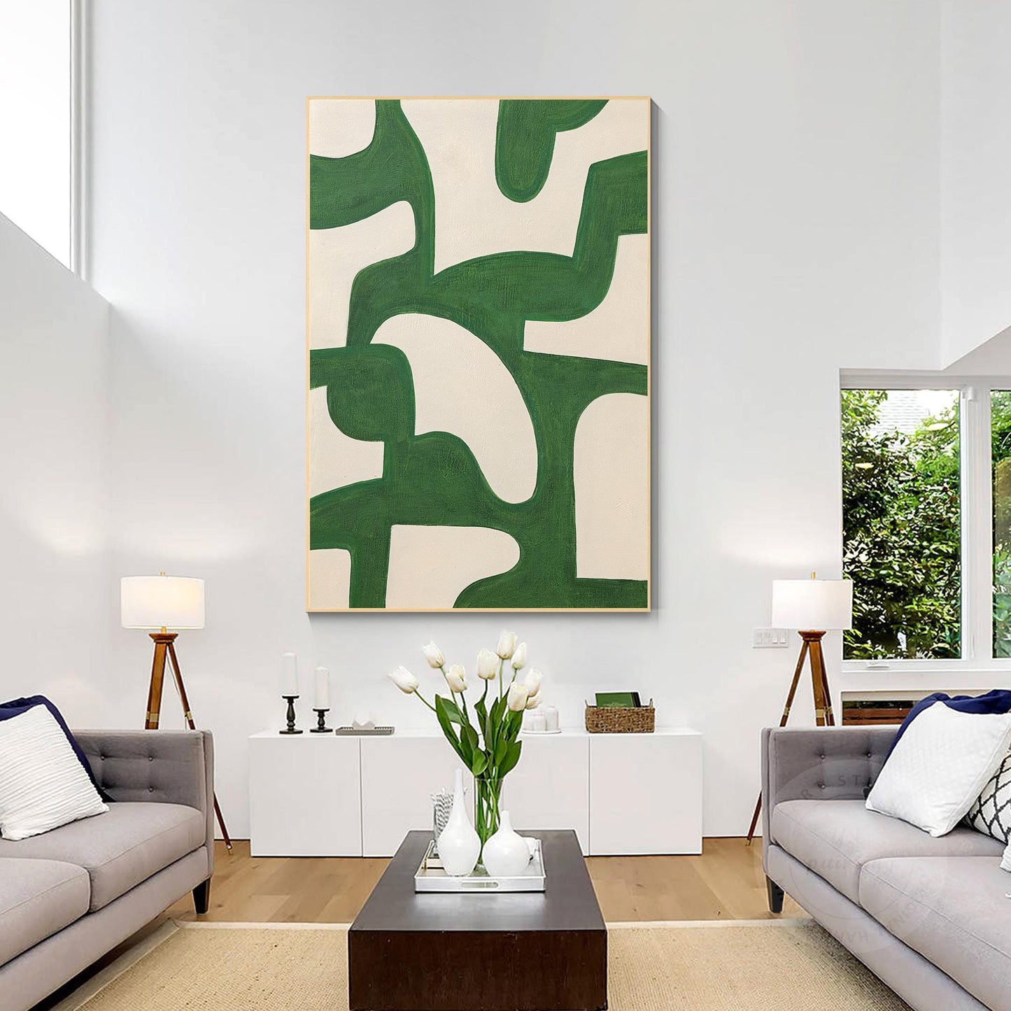 Emerald Green Abstract Painting: Beige Geometric Canvas Wall Art #4