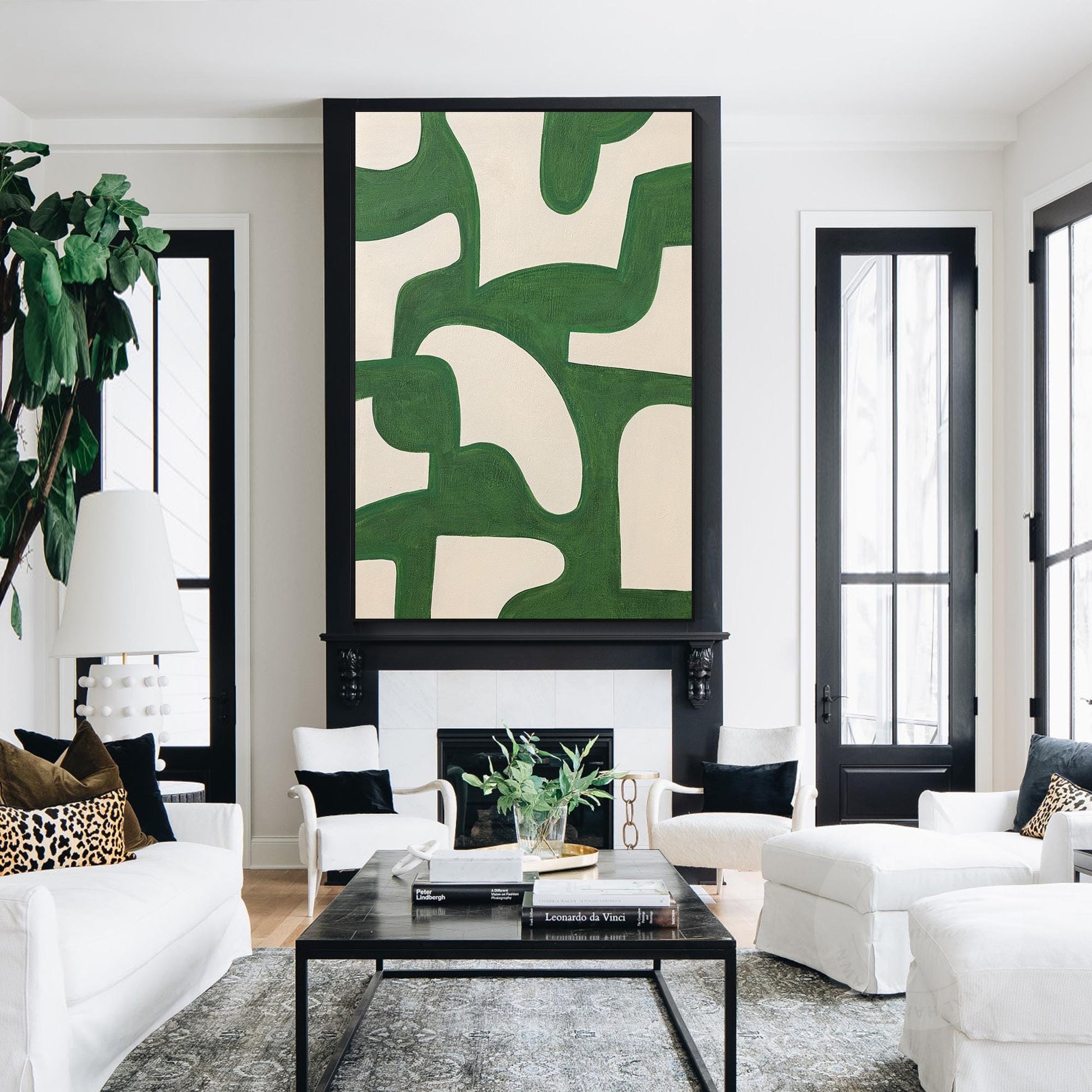 Emerald Green Abstract Painting: Beige Geometric Canvas Wall Art #5