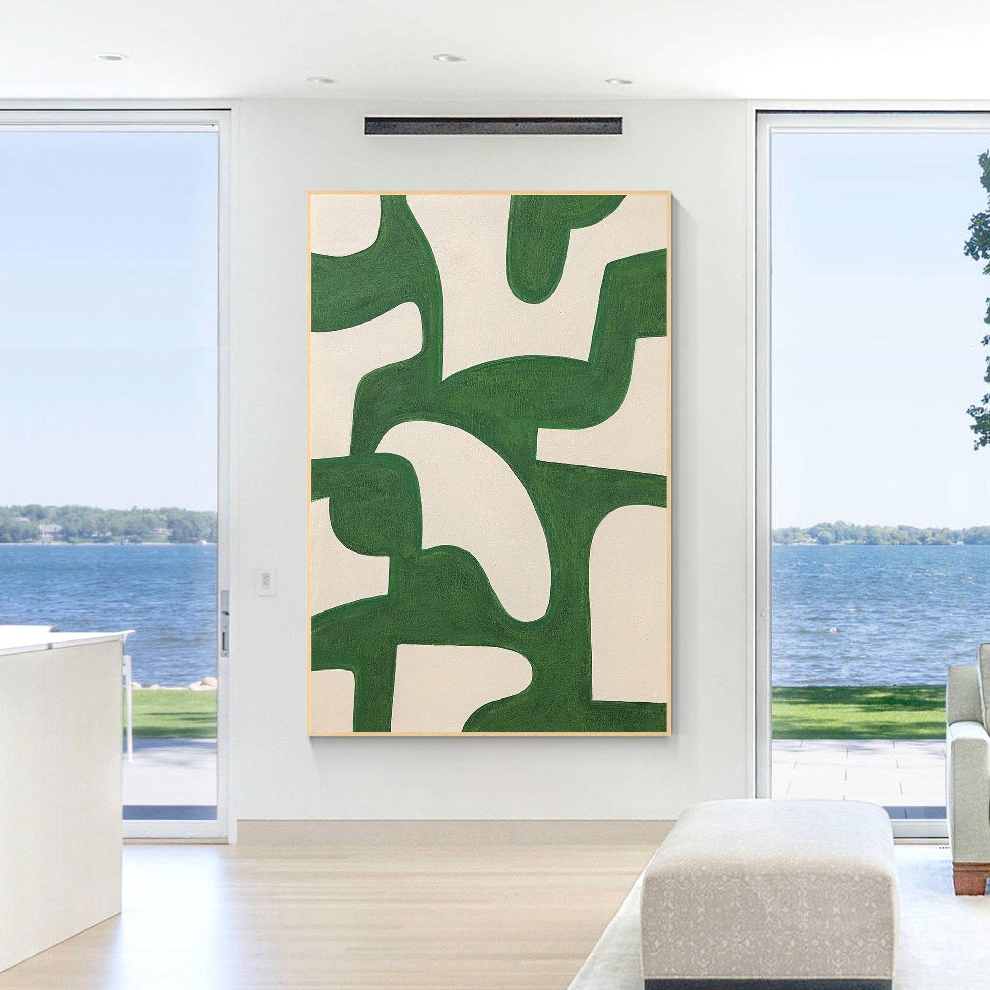 Emerald Green Abstract Painting: Beige Geometric Canvas Wall Art #1