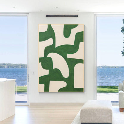 Emerald Green Abstract Painting: Beige Geometric Canvas Wall Art #1