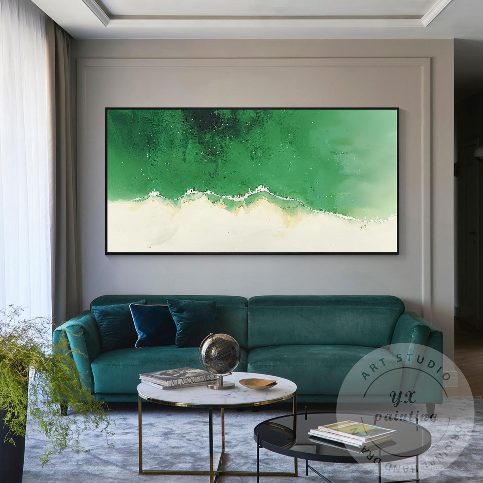 Emerald Green Abstract Wave Painting, Modern Acrylic Canvas Art #3