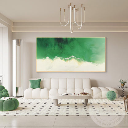 Emerald Green Abstract Wave Painting, Modern Acrylic Canvas Art #1