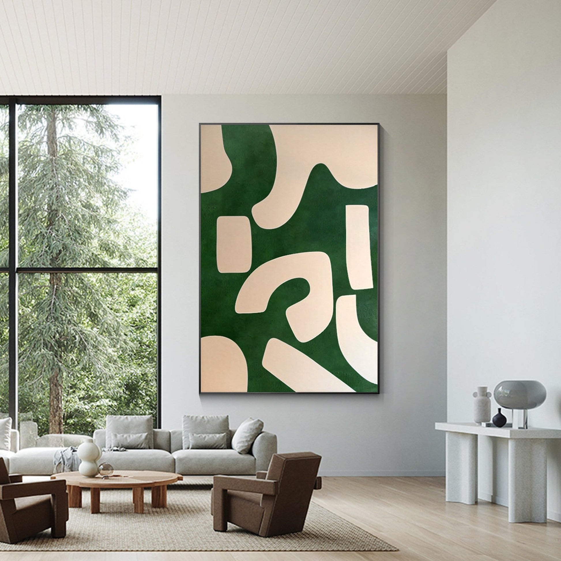 Emerald Green Beige Abstract Painting On Canvas, Minimalist Wall Art Vertical Or #1