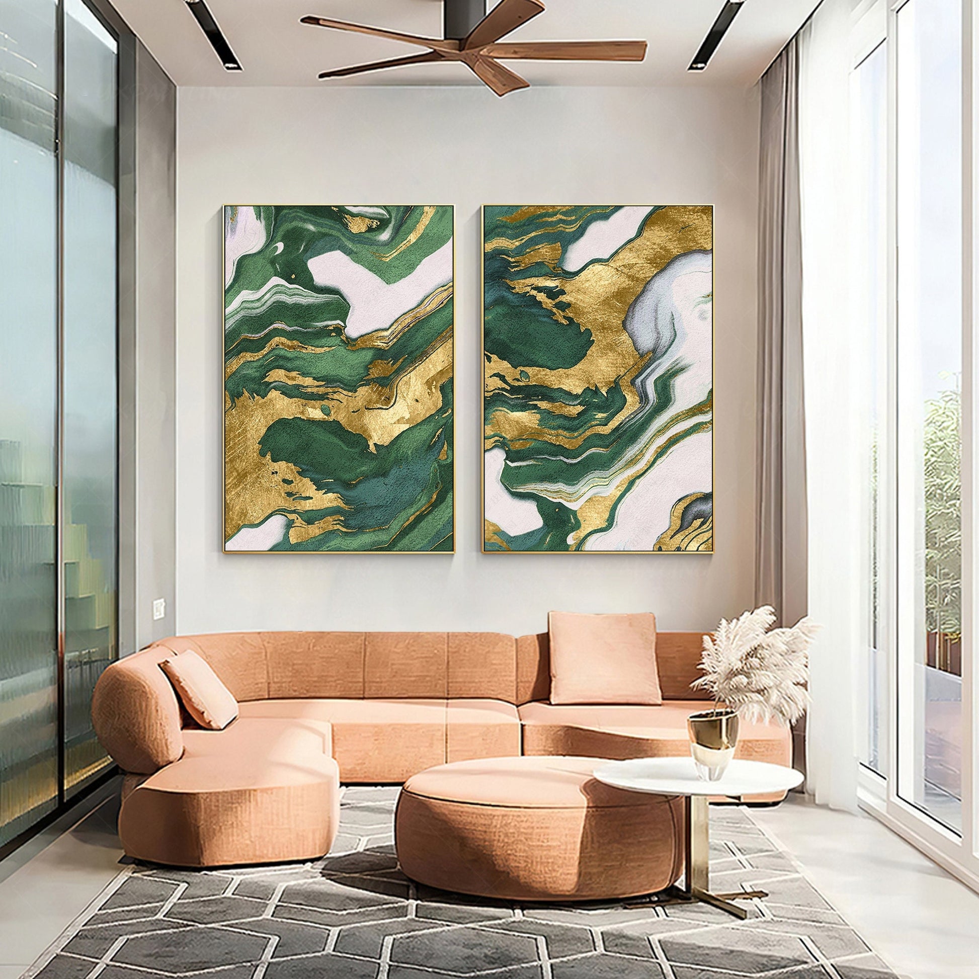 Emerald Green Gold Foil Diptych Wall Art, Original Abstract Minimalist Painting  #2