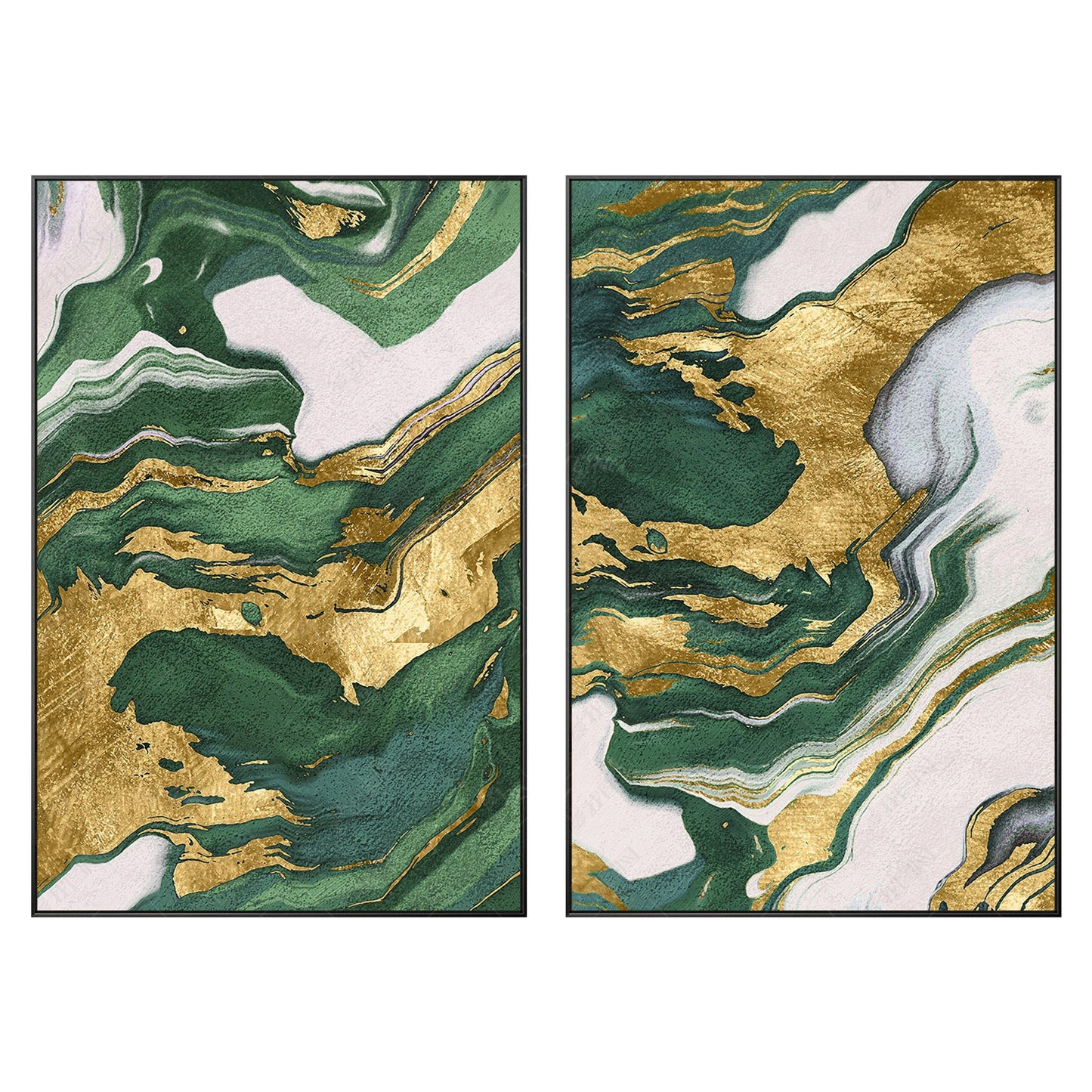 Emerald Green Gold Foil Diptych Wall Art, Original Abstract Minimalist Painting  #11