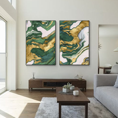 Emerald Green Gold Foil Diptych Wall Art, Original Abstract Minimalist Painting  #3