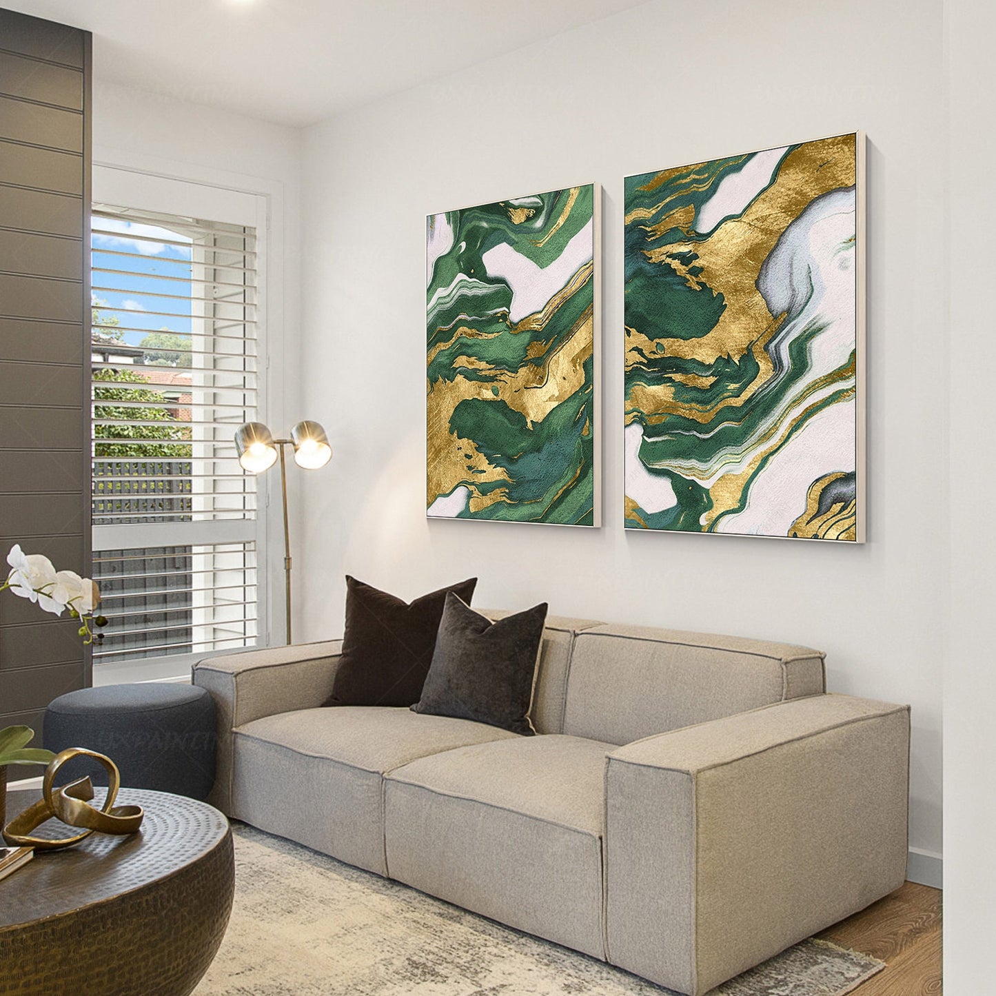 Emerald Green Gold Foil Diptych Wall Art, Original Abstract Minimalist Painting  #4