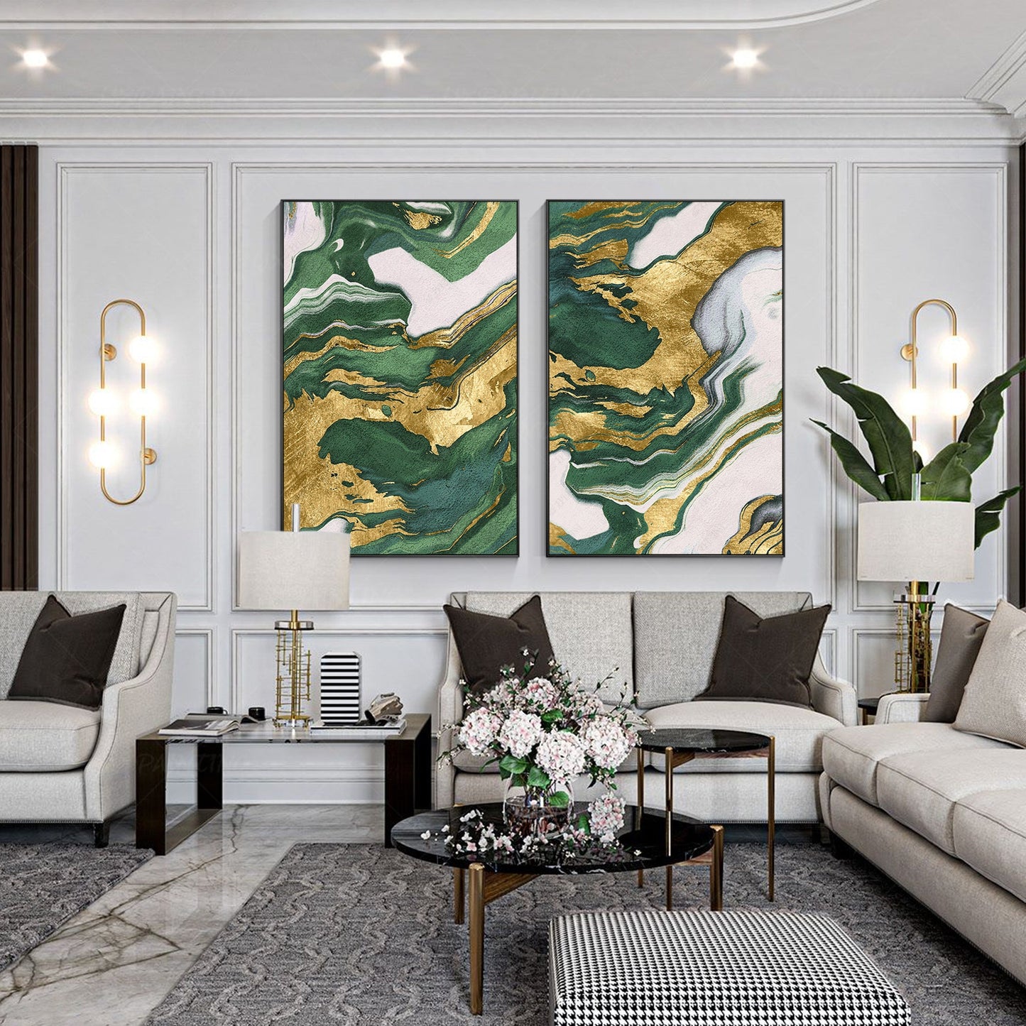 Emerald Green Gold Foil Diptych Wall Art, Original Abstract Minimalist Painting  #5