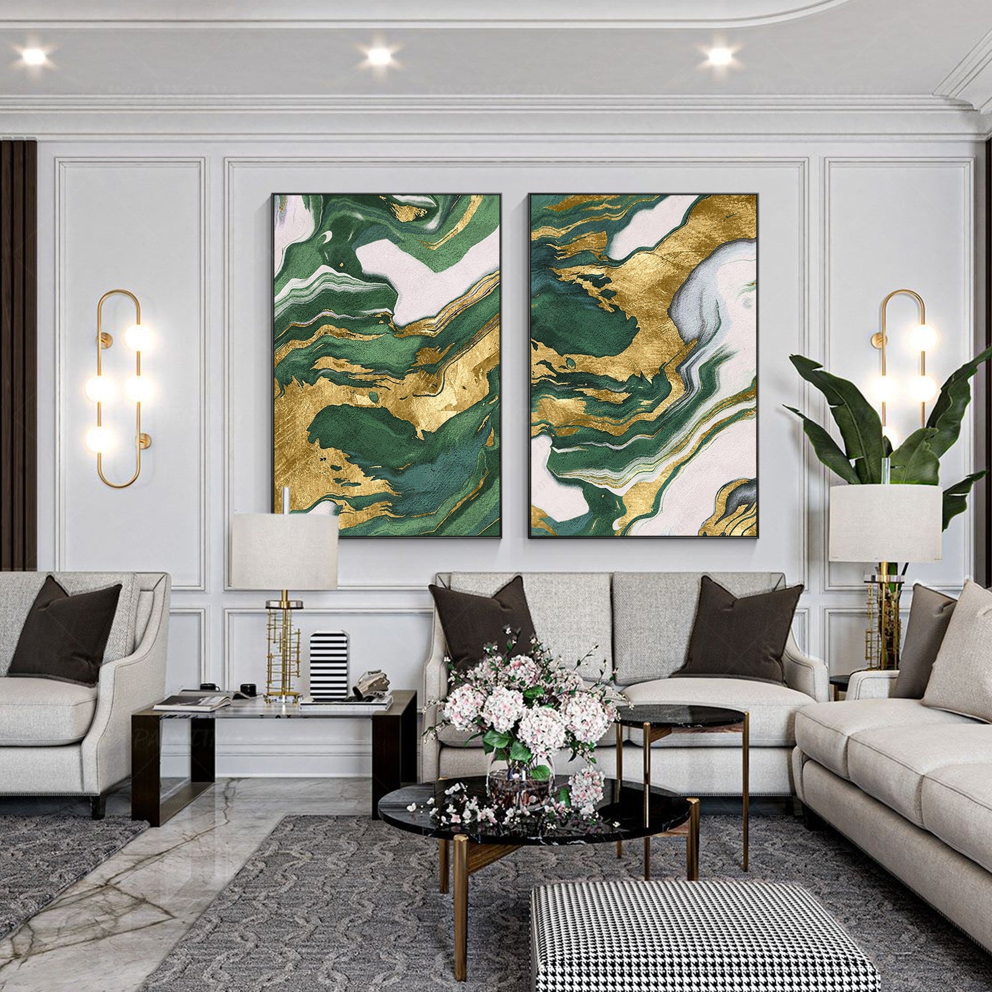 Emerald Green Gold Foil Diptych Wall Art, Original Abstract Minimalist Painting  #5