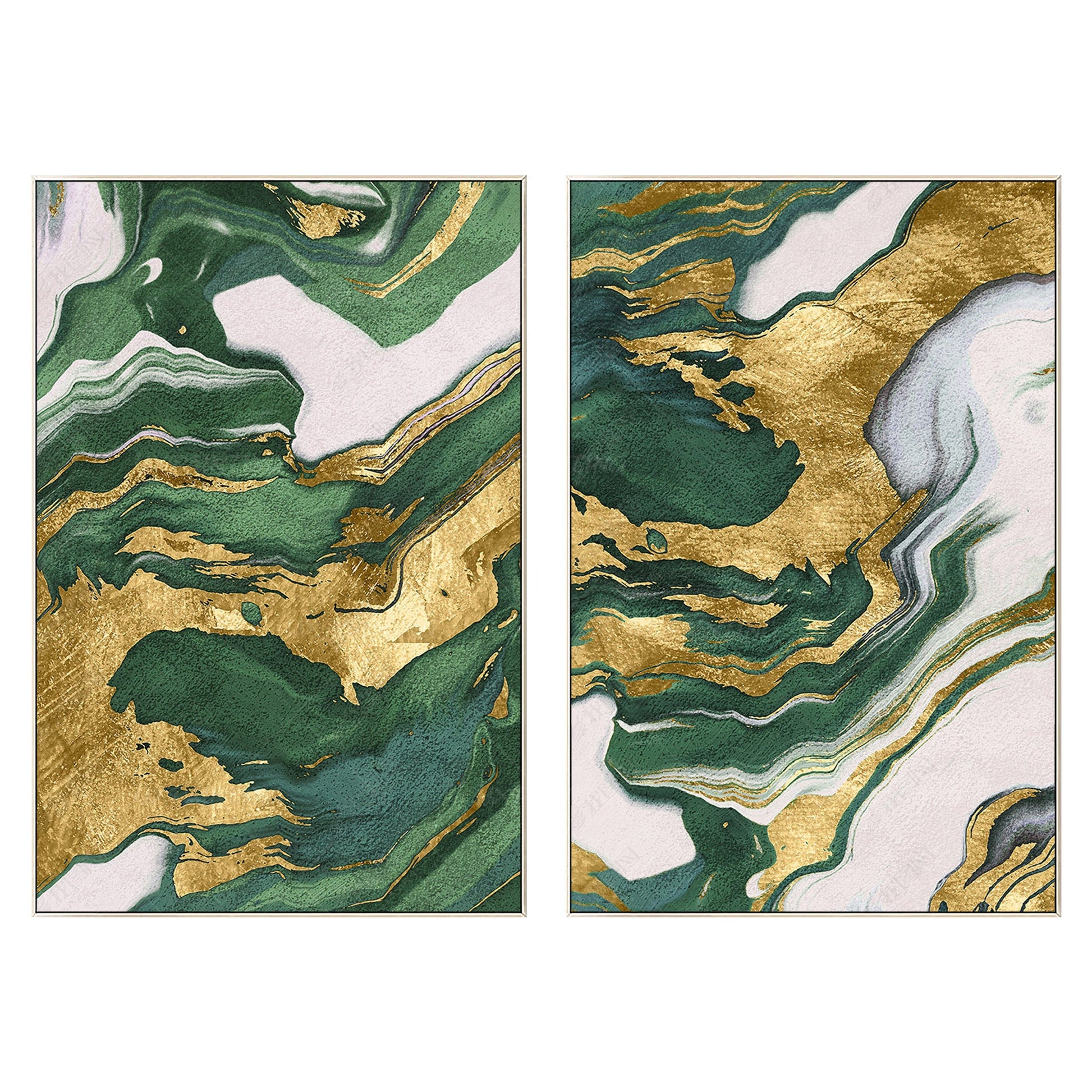 Emerald Green Gold Foil Diptych Wall Art, Original Abstract Minimalist Painting  #10