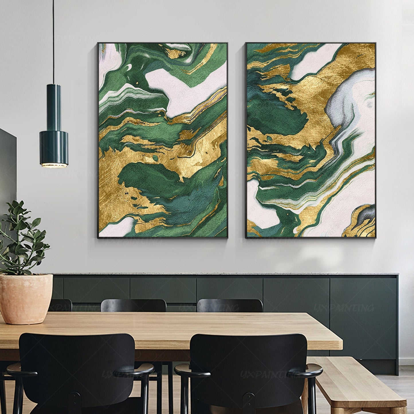 Emerald Green Gold Foil Diptych Wall Art, Original Abstract Minimalist Painting  #1