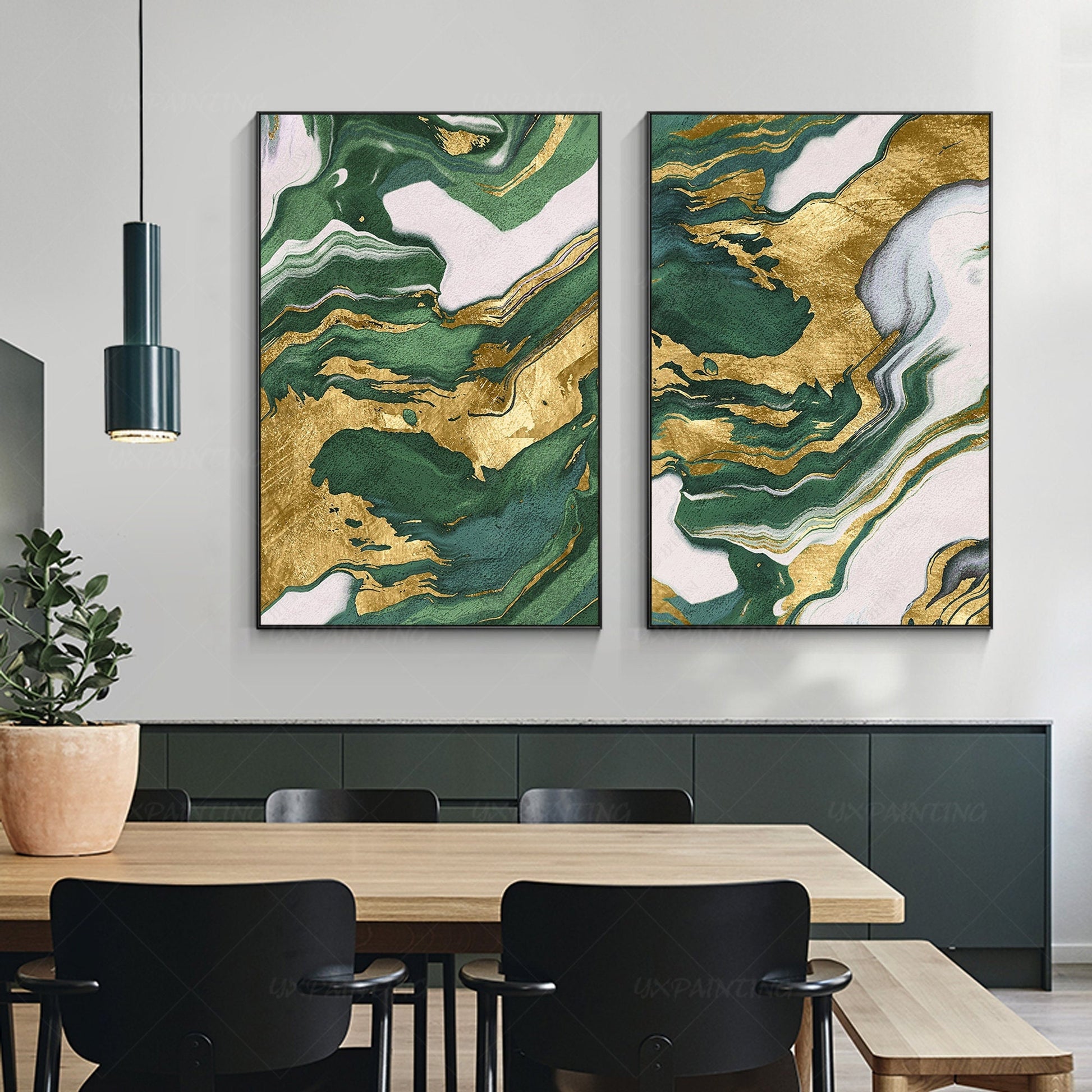 Emerald Green Gold Foil Diptych Wall Art, Original Abstract Minimalist Painting  #1
