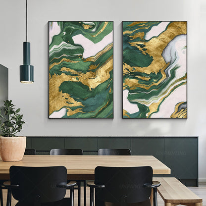 Emerald Green Gold Foil Diptych Wall Art, Original Abstract Minimalist Painting  #1