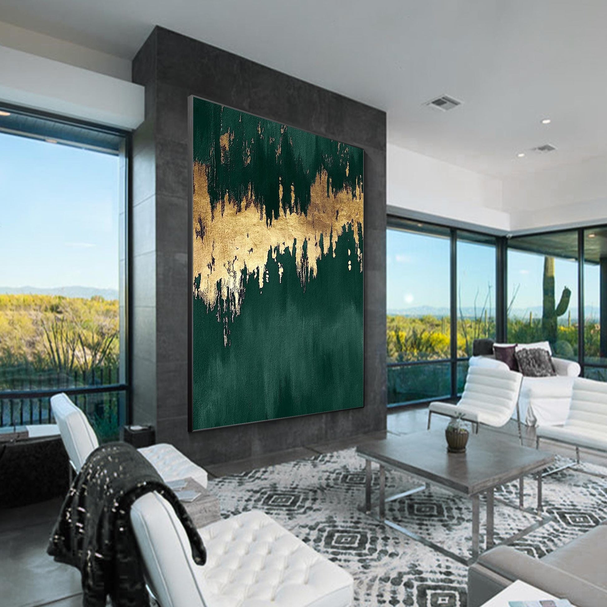 Emerald Green Gold Foil Painting: Large Abstract Canvas Wall Art #5